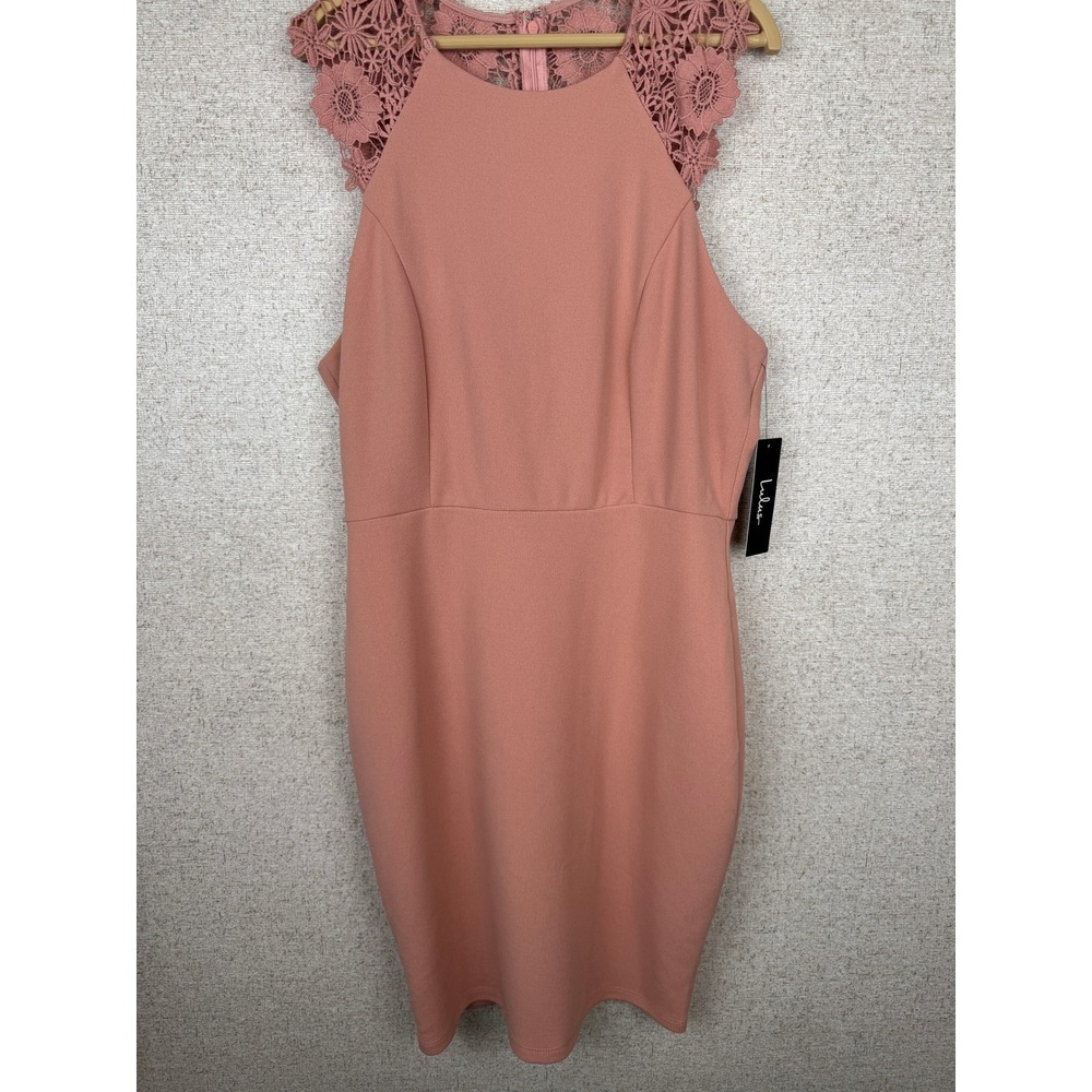 NWT Lulus Blush Pink Lace Back Bodycon Midi Dress Floral Crochet L - Picture 2 of 10